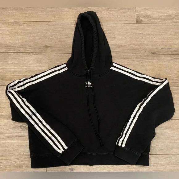 Adidas Women’s 100% Cotton Cropped Drawstring Hoodie Black‎ White Stripes S EUC - Picture 1 of 9
